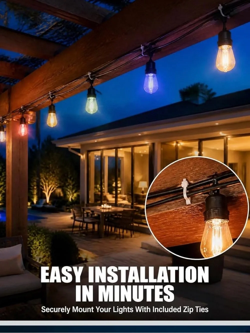 Outdoor string lights, 50FT RHBW color changing patio lights with remote and APP